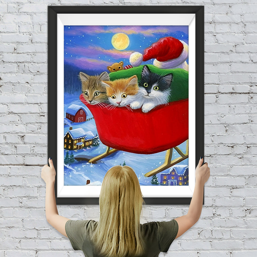Schlitten mit Weihnachtsgeschenken und Kätzchen Diamond Painting