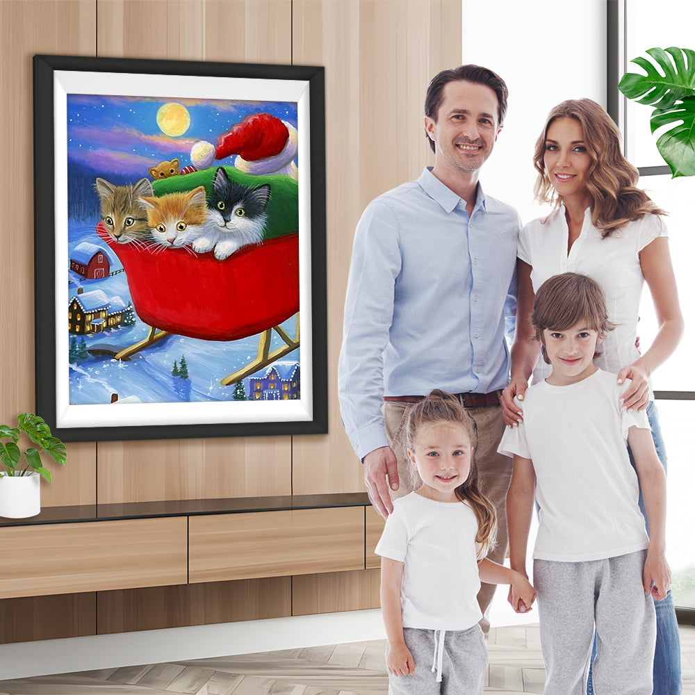 Schlitten mit Weihnachtsgeschenken und Kätzchen Diamond Painting