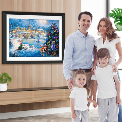 Schlittschuhlaufen, Kinder und Weihnachtsbaum Diamond Painting