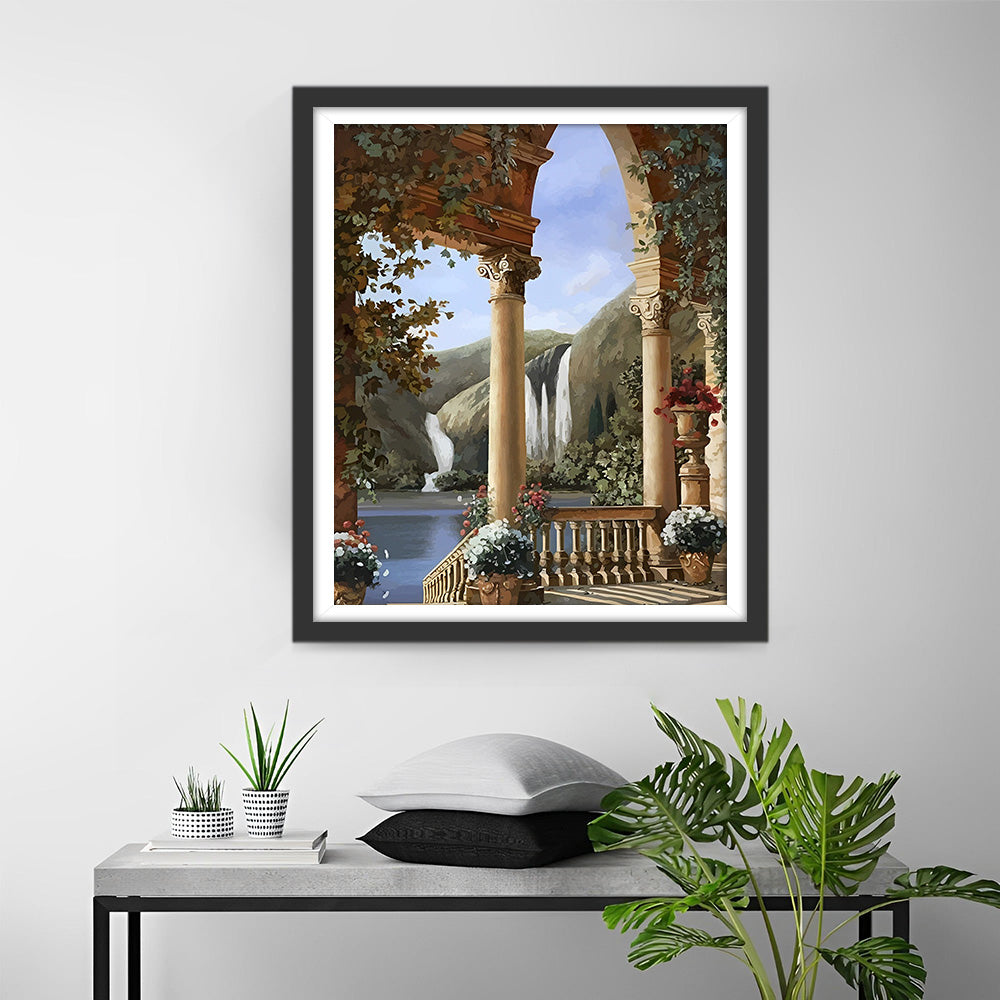 Schloss und Wasserfall Diamond Painting