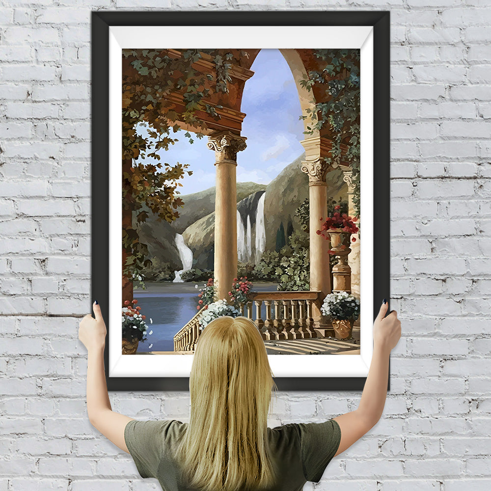 Schloss und Wasserfall Diamond Painting