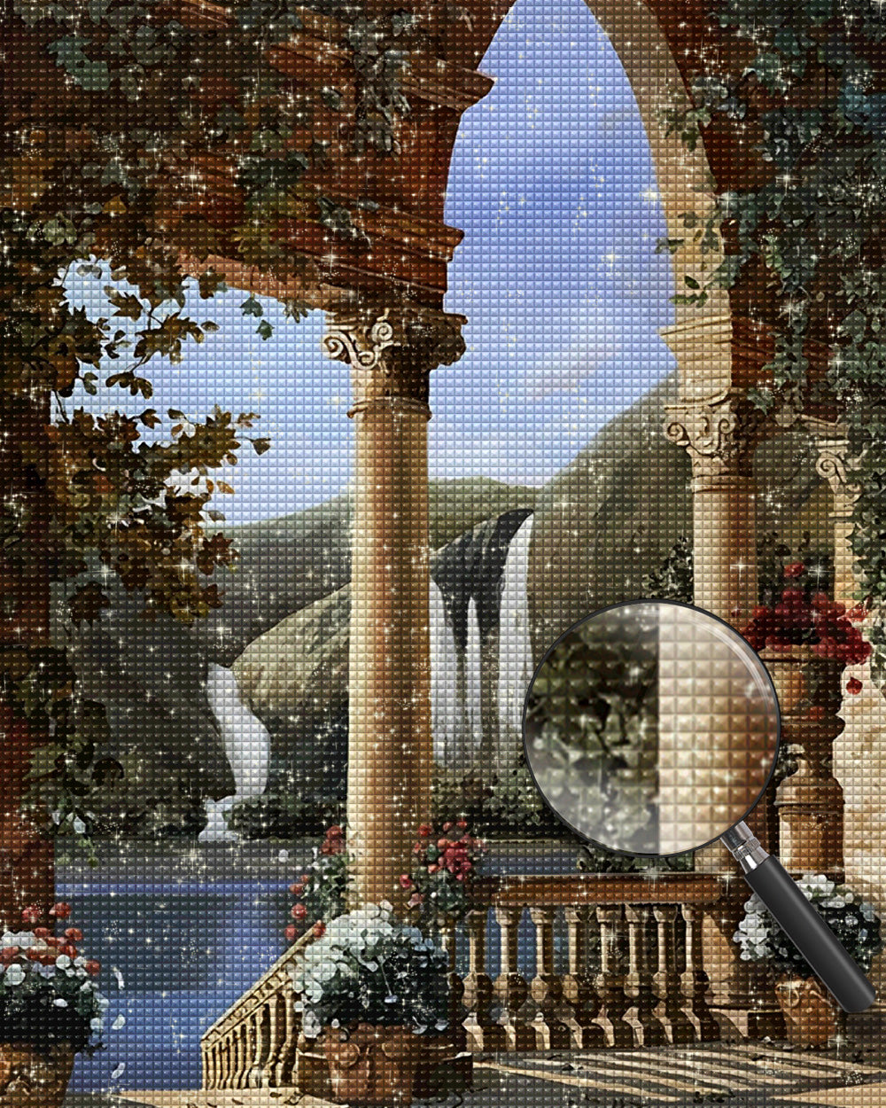 Schloss und Wasserfall Diamond Painting