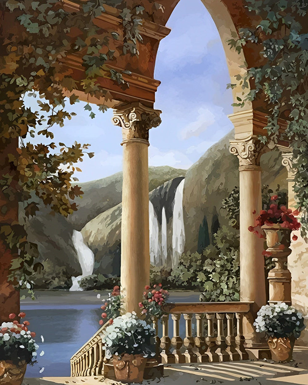 Schloss und Wasserfall Diamond Painting
