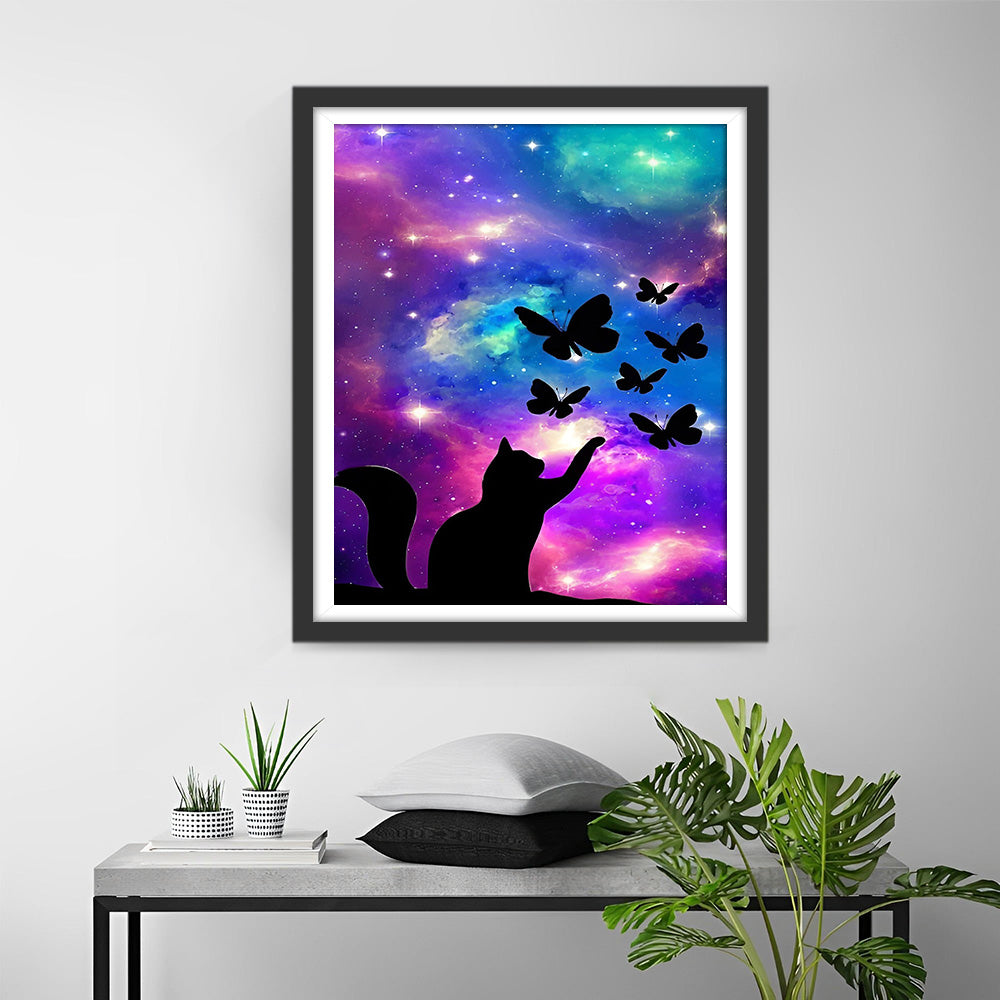 Schmetterling und Katze unter dem lila Sternenhimmel Diamond Painting