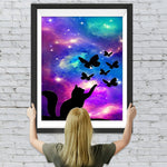 Schmetterling und Katze unter dem lila Sternenhimmel Diamond Painting
