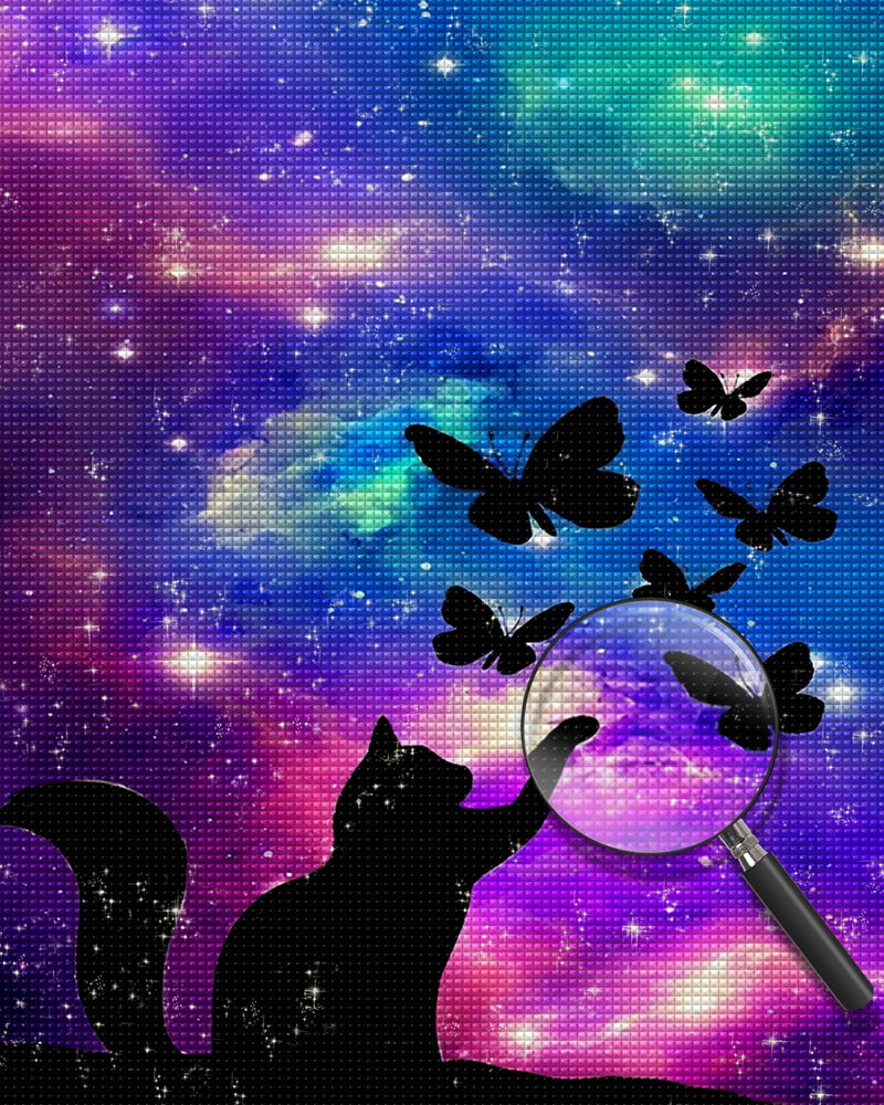 Schmetterling und Katze unter dem lila Sternenhimmel Diamond Painting