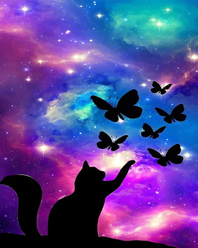 Schmetterling und Katze unter dem lila Sternenhimmel Diamond Painting