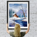 Schnee, Holzhütte und Bäume Diamond Painting