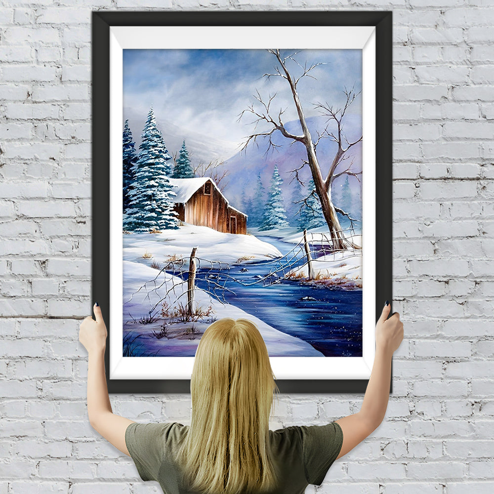 Schnee, Holzhütte und Bäume Diamond Painting
