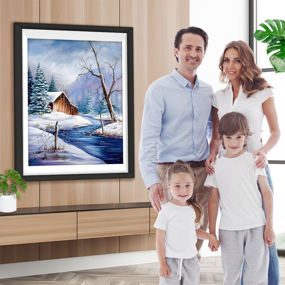 Schnee, Holzhütte und Bäume Diamond Painting