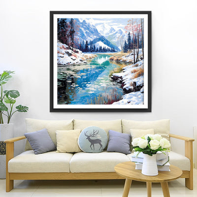 Schneebedeckte Berge und Fluss Diamond Painting