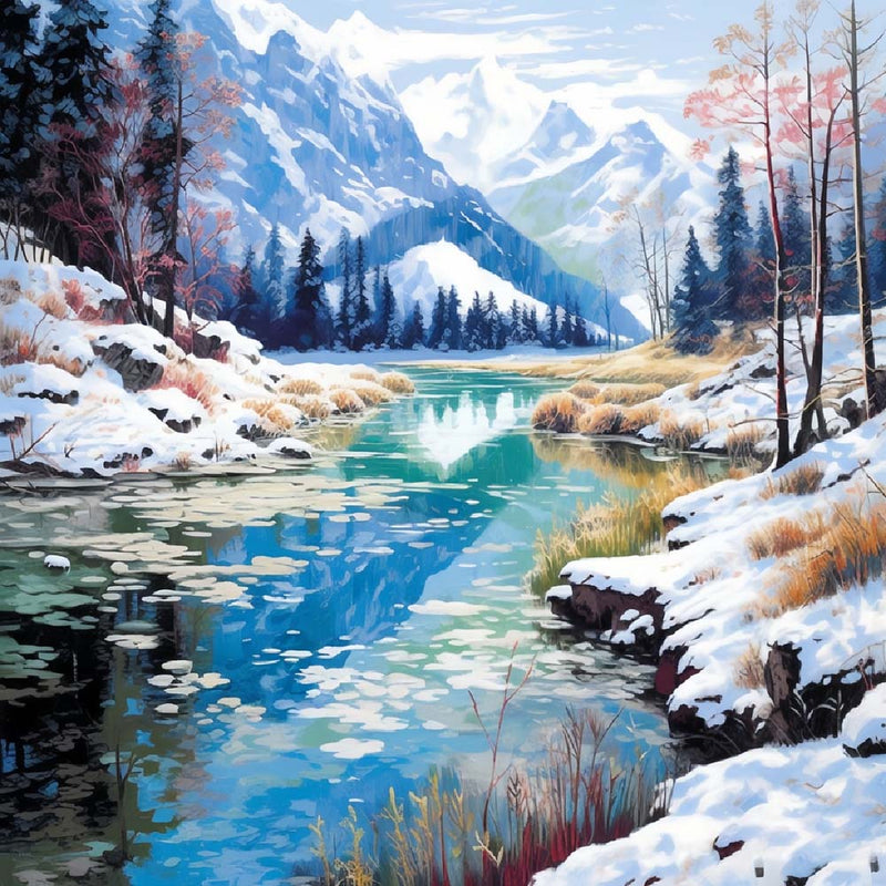 Schneebedeckte Berge und Fluss Diamond Painting