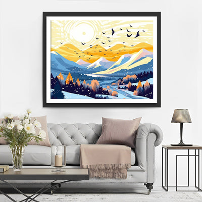 Schneebedeckte Berge und Vögel bei Sonnenaufgang Diamond Painting