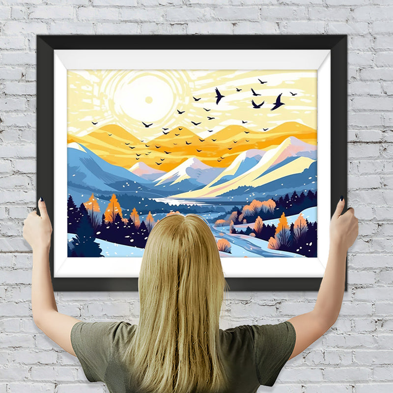 Schneebedeckte Berge und Vögel bei Sonnenaufgang Diamond Painting