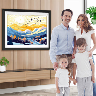 Schneebedeckte Berge und Vögel bei Sonnenaufgang Diamond Painting