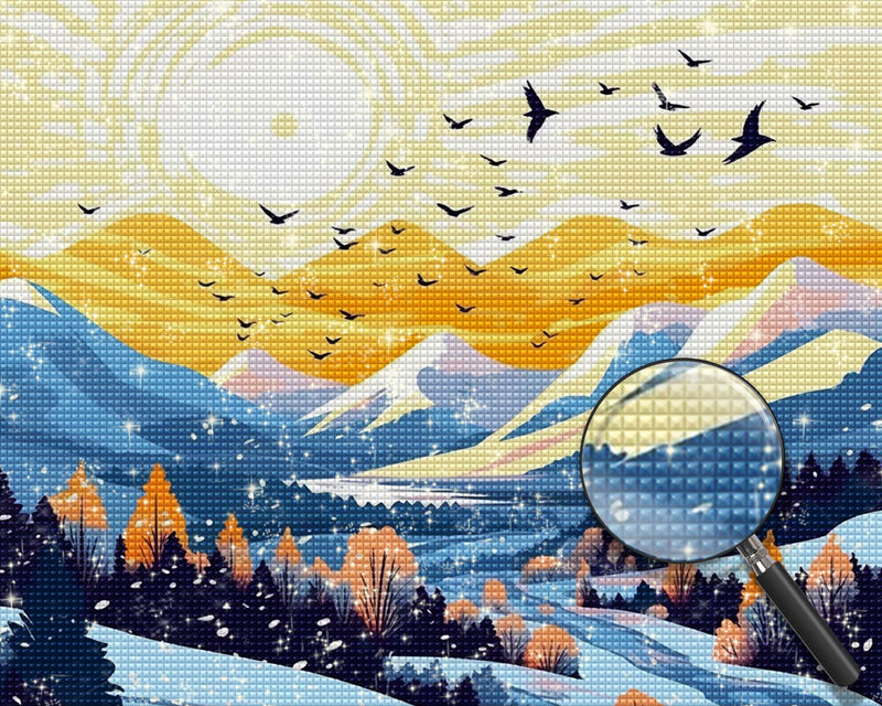Schneebedeckte Berge und Vögel bei Sonnenaufgang Diamond Painting