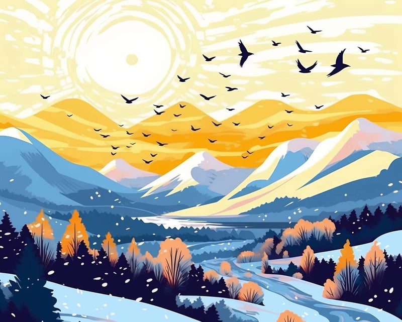Schneebedeckte Berge und Vögel bei Sonnenaufgang Diamond Painting