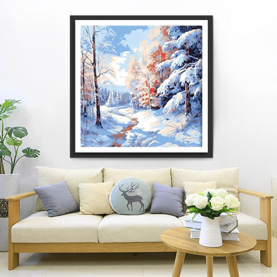 Schneebedeckter Wald und Fluss Diamond Painting