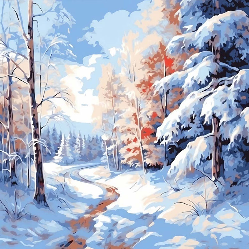 Schneebedeckter Wald und Fluss Diamond Painting