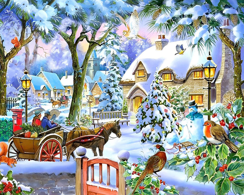 Schneebedecktes Weihnachtshaus Diamond Painting