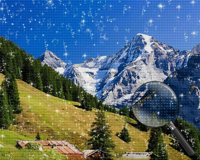 Schneeberg und Grünkiefernhang Diamond Painting