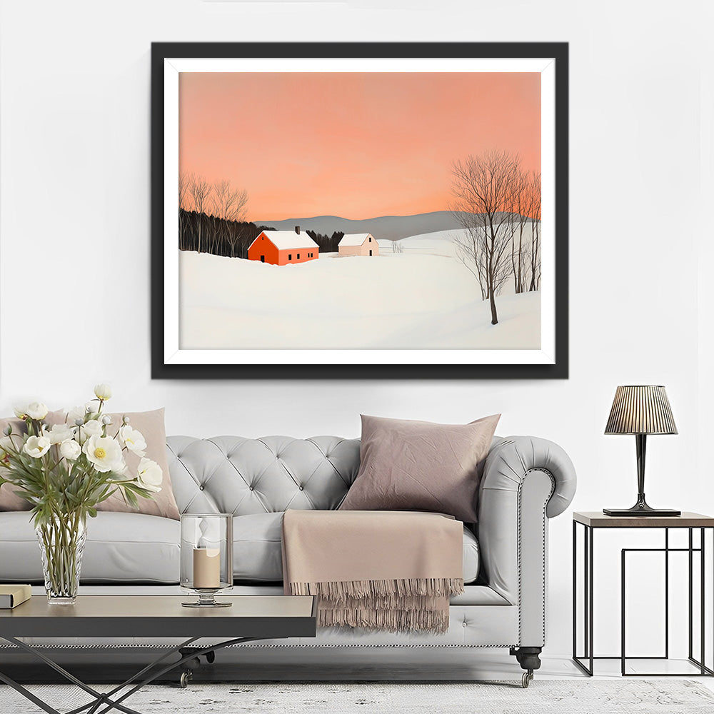 Schneefeld und kleines Haus unter rosa Himmel Diamond Painting