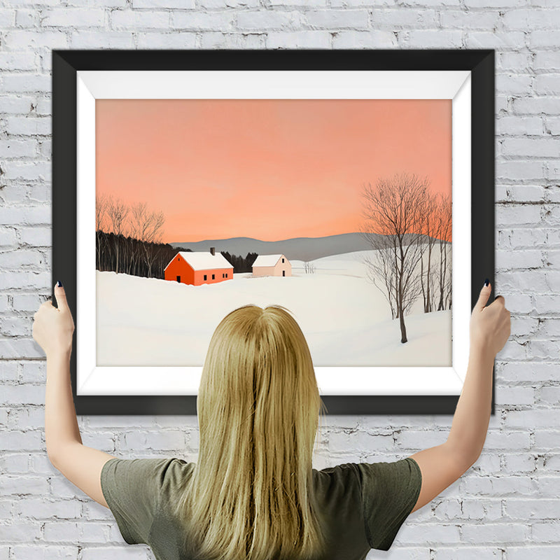 Schneefeld und kleines Haus unter rosa Himmel Diamond Painting