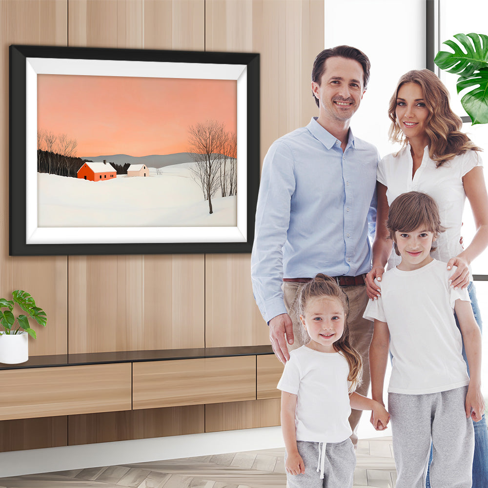 Schneefeld und kleines Haus unter rosa Himmel Diamond Painting