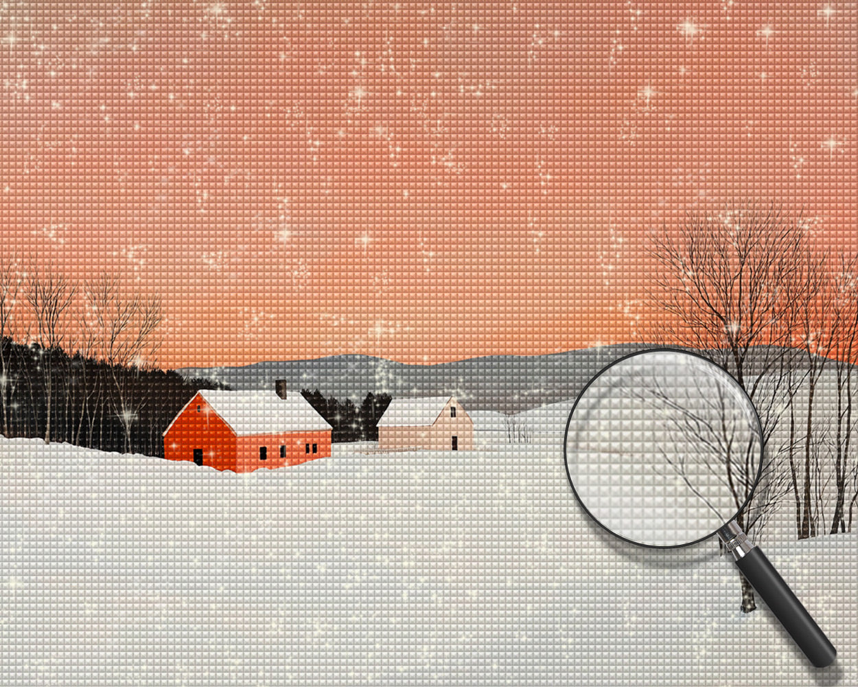 Schneefeld und kleines Haus unter rosa Himmel Diamond Painting