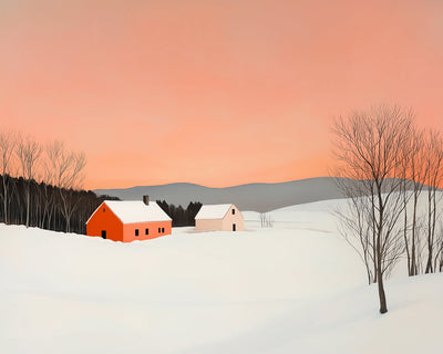 Schneefeld und kleines Haus unter rosa Himmel Diamond Painting