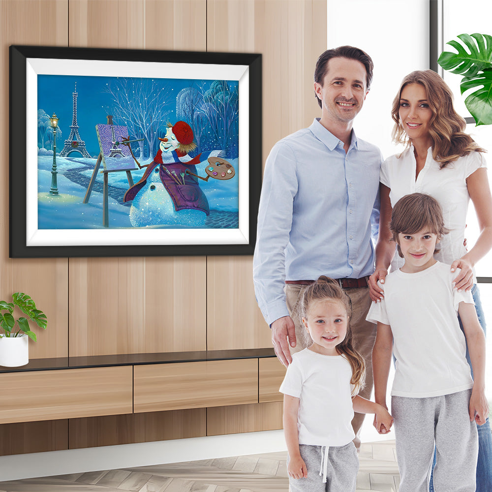 Schneemann Eiffelturm Nacht Diamond Painting
