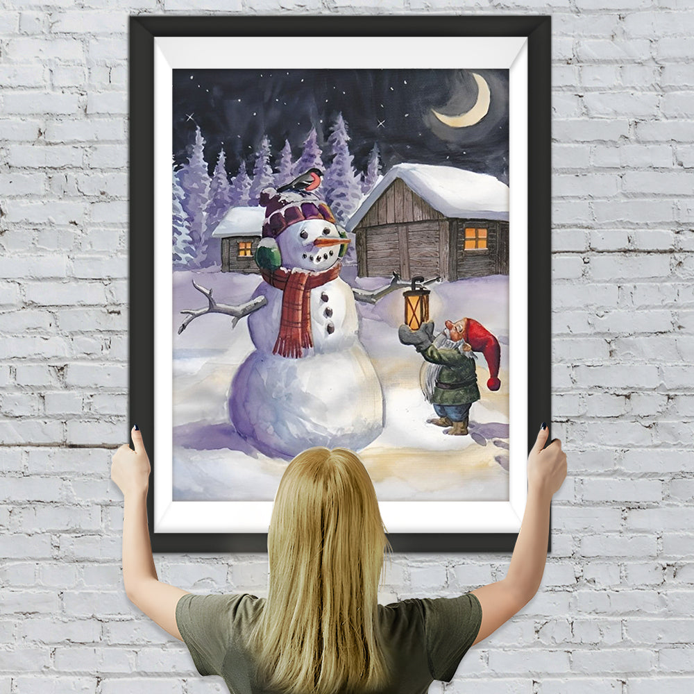 Schneemann Elfe Mondschein Diamond Painting