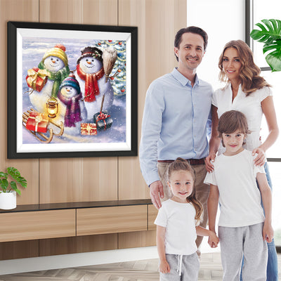 Schneemann-Familie mit Weihnachtsgeschenken Diamond Painting