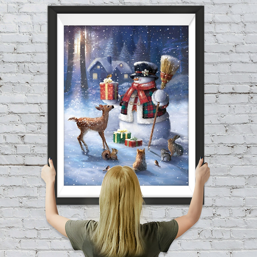 Schneemann mit Besen und Tiere Diamond Painting