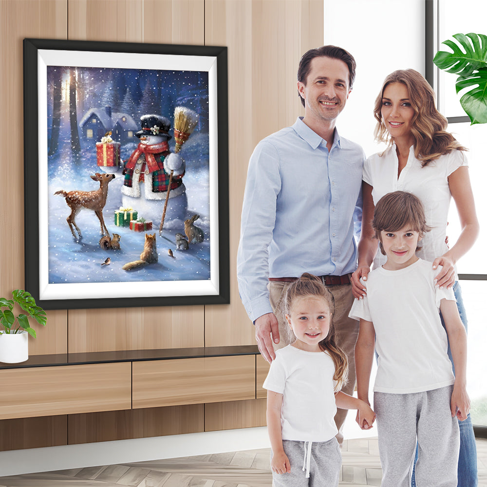 Schneemann mit Besen und Tiere Diamond Painting