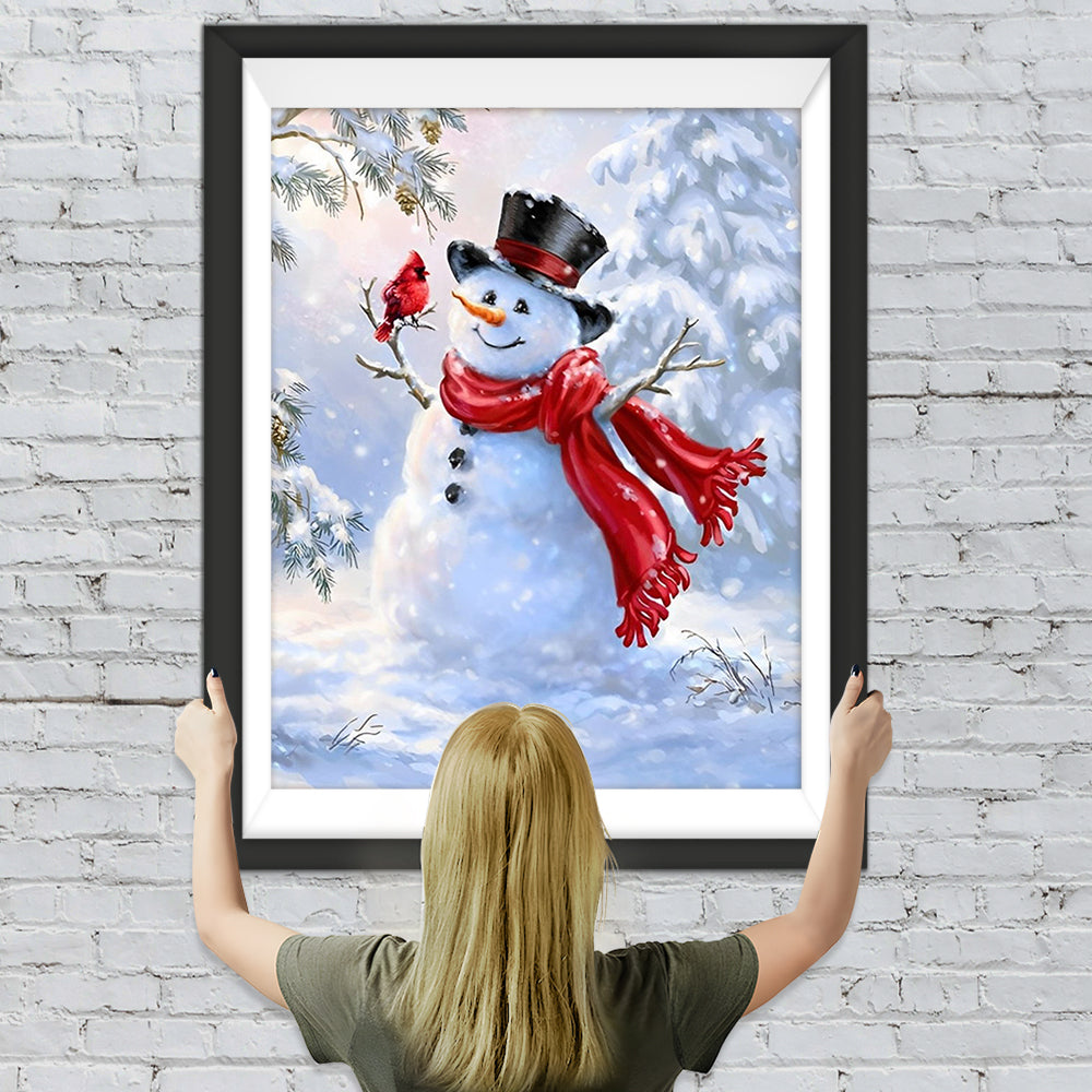 Schneemann mit rotem Schal im Schnee Diamond Painting