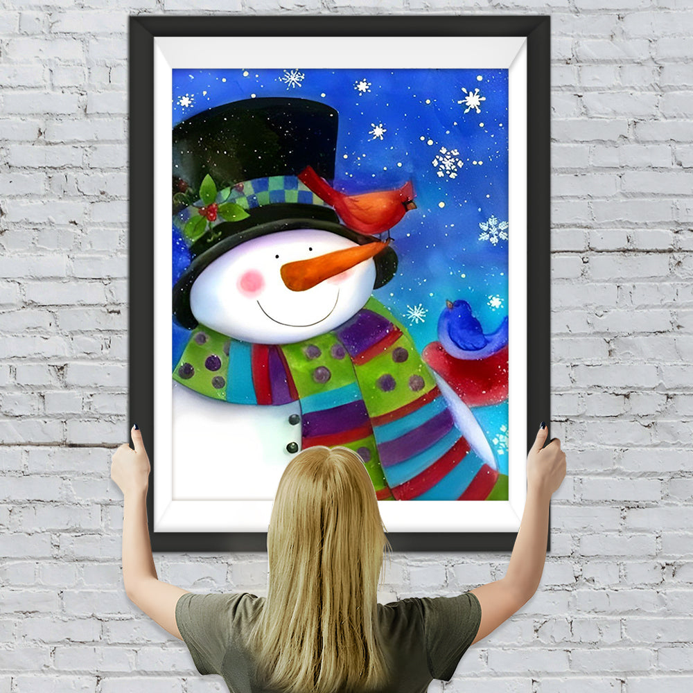 Schneemann mit Schal und Vögel Diamond Painting