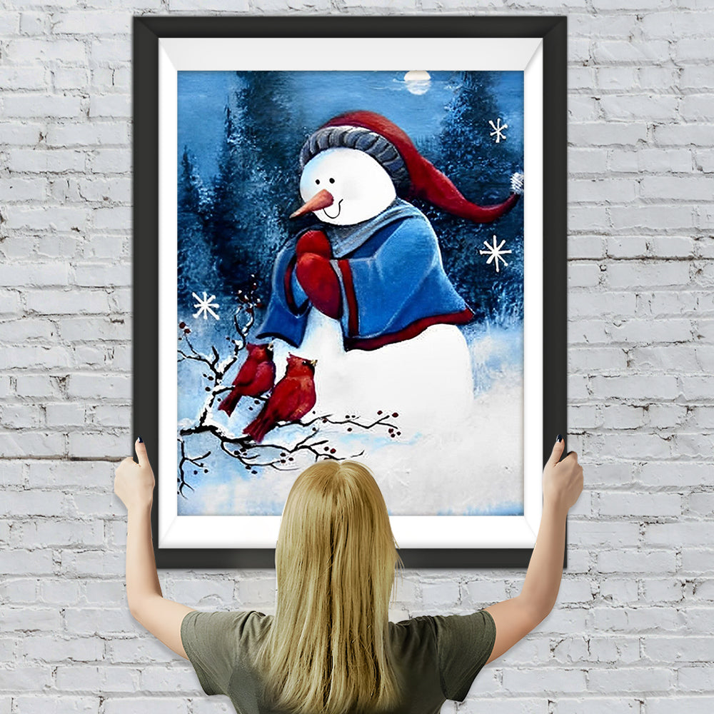 Schneemann mit Weihnachtsmütze und Vögel Diamond Painting