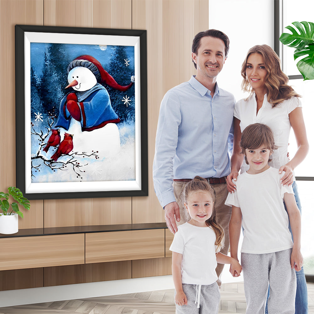 Schneemann mit Weihnachtsmütze und Vögel Diamond Painting