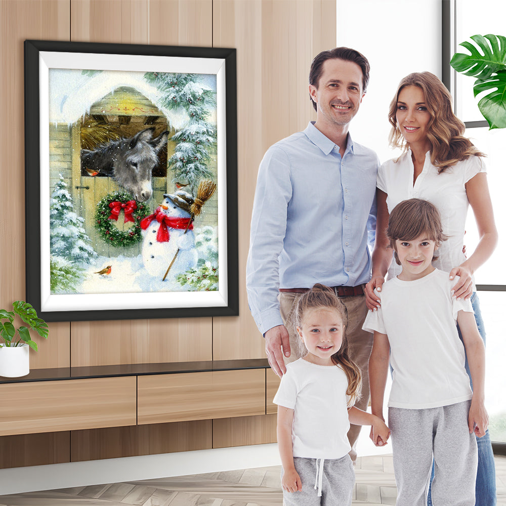 Schneemann und Pferd im Stall Diamond Painting