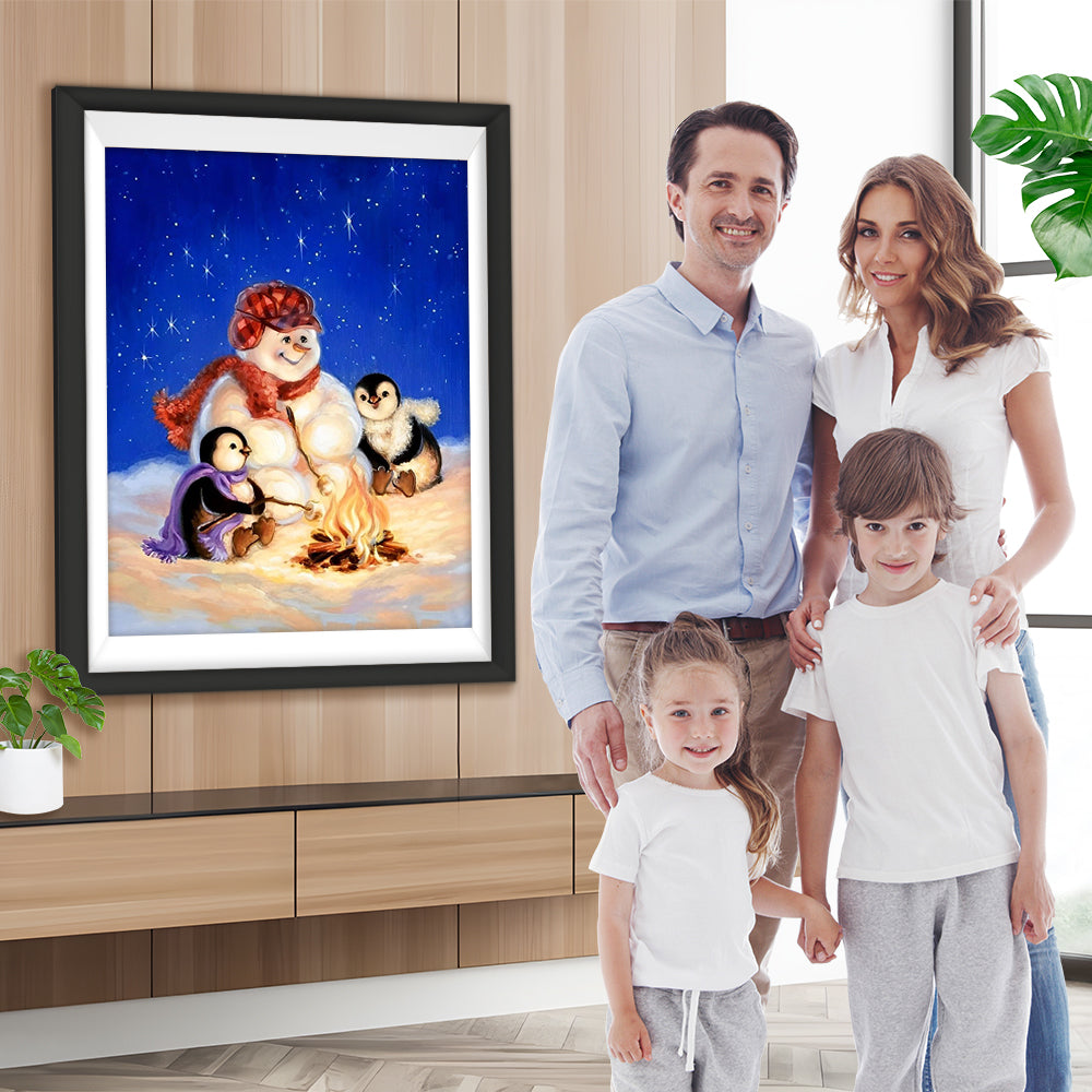 Schneemann und Pinguine am Feuer Diamond Painting