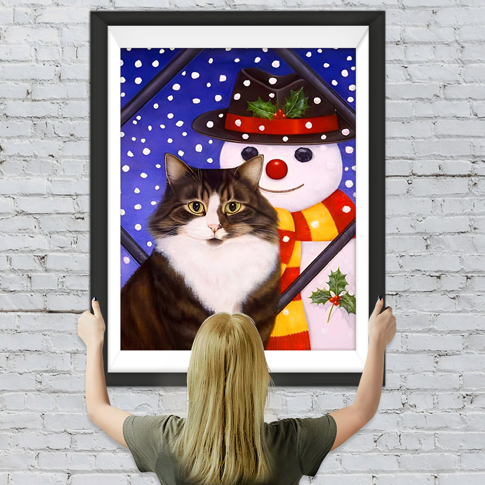 Schneemann und schwarze Katze Diamond Painting