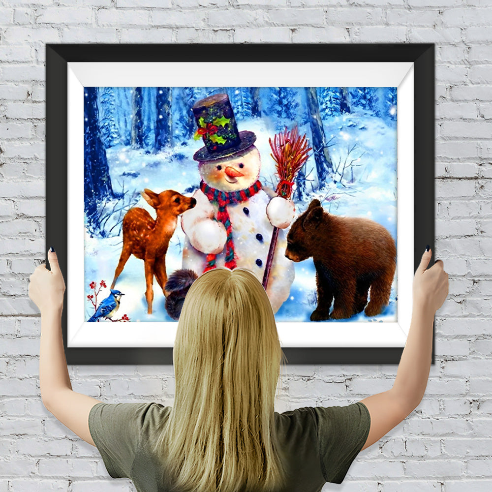 Schneemann und Tiere im Wald Diamond Painting