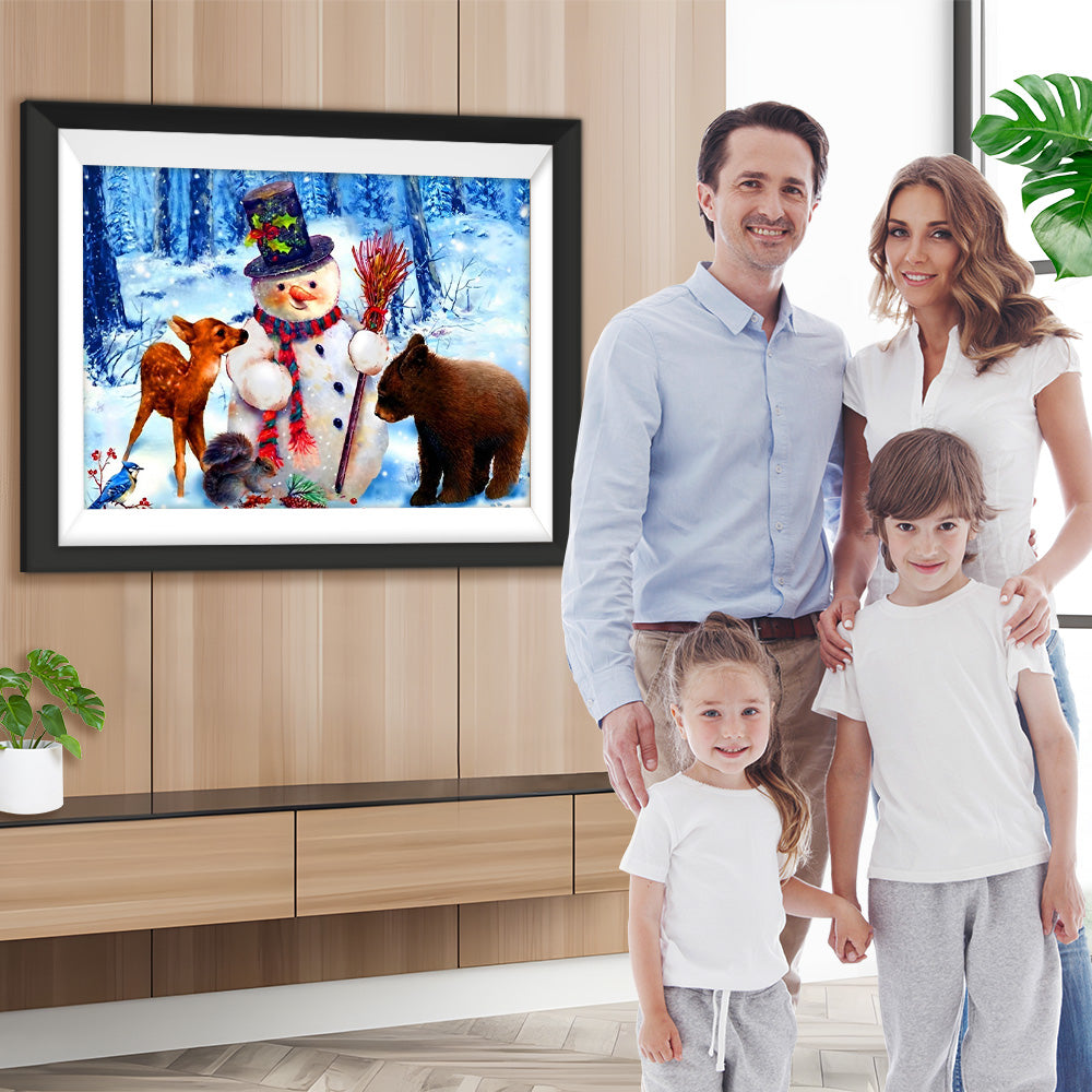 Schneemann und Tiere im Wald Diamond Painting