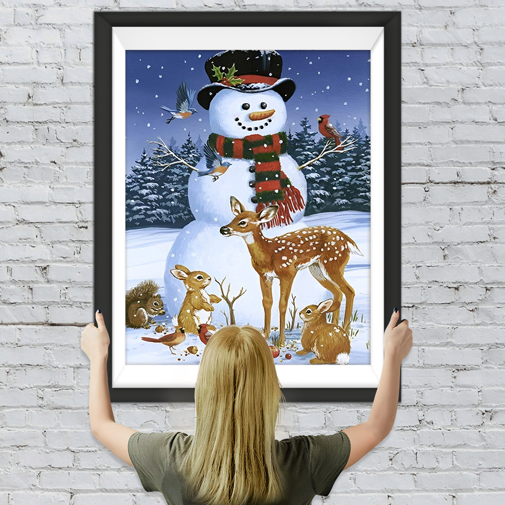 Schneemann und Tiere im Wald Diamond Painting