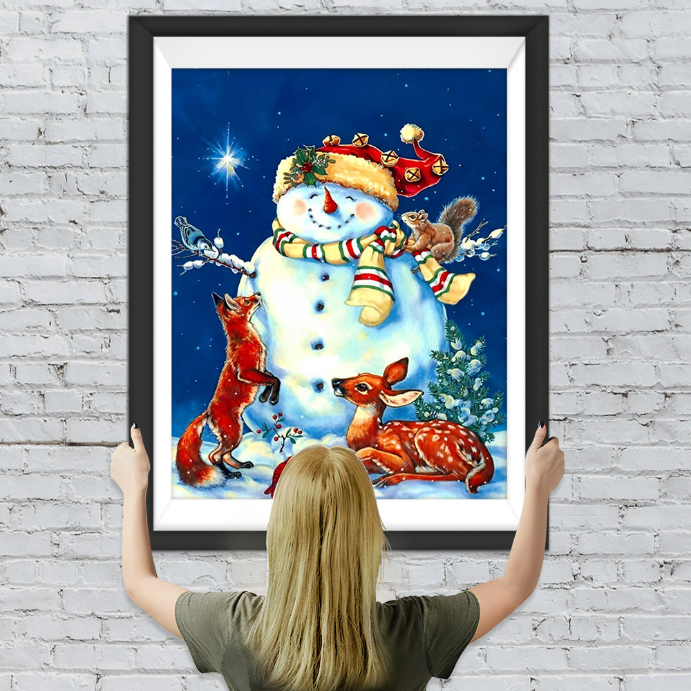 Schneemann und Tiere in der Nacht Diamond Painting