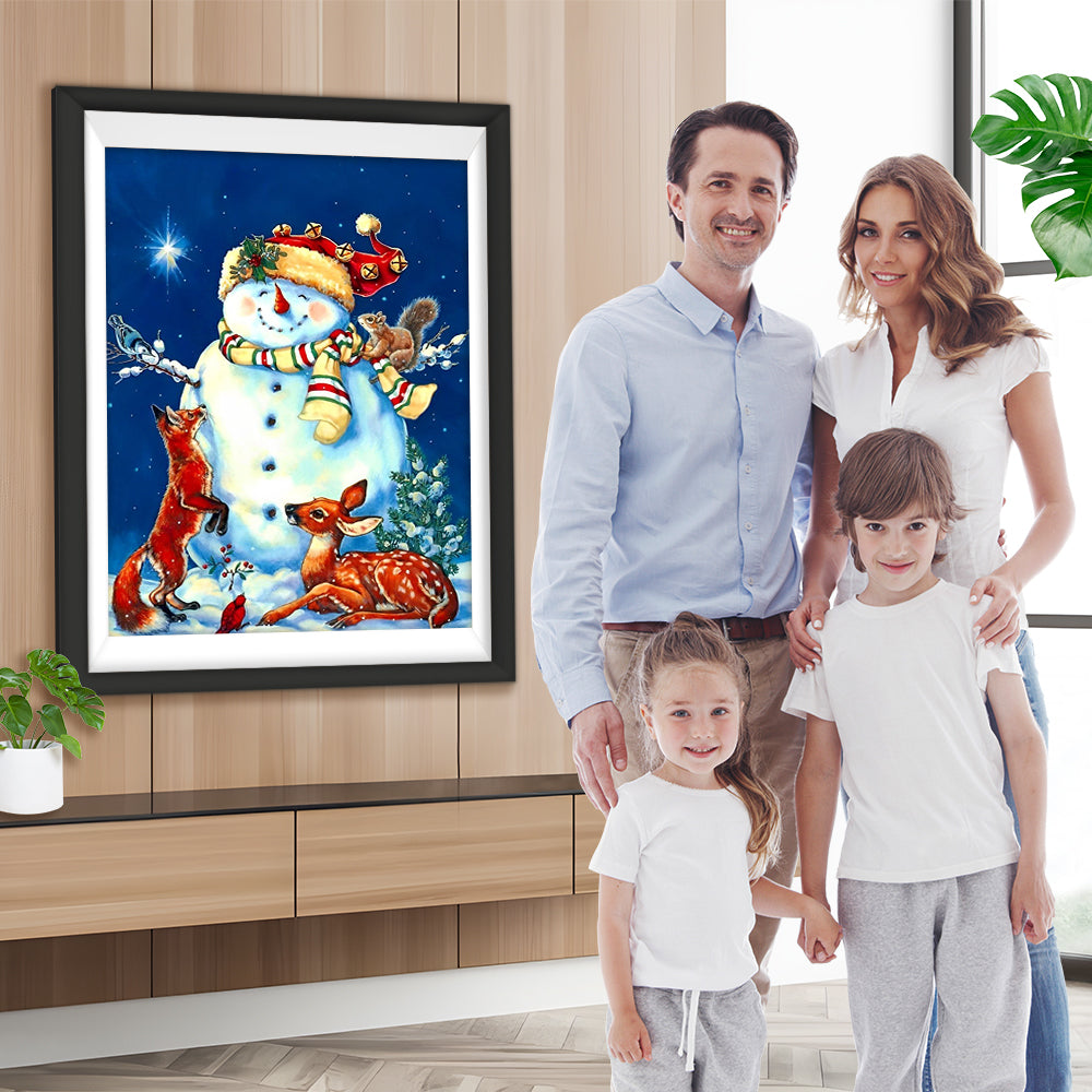 Schneemann und Tiere in der Nacht Diamond Painting