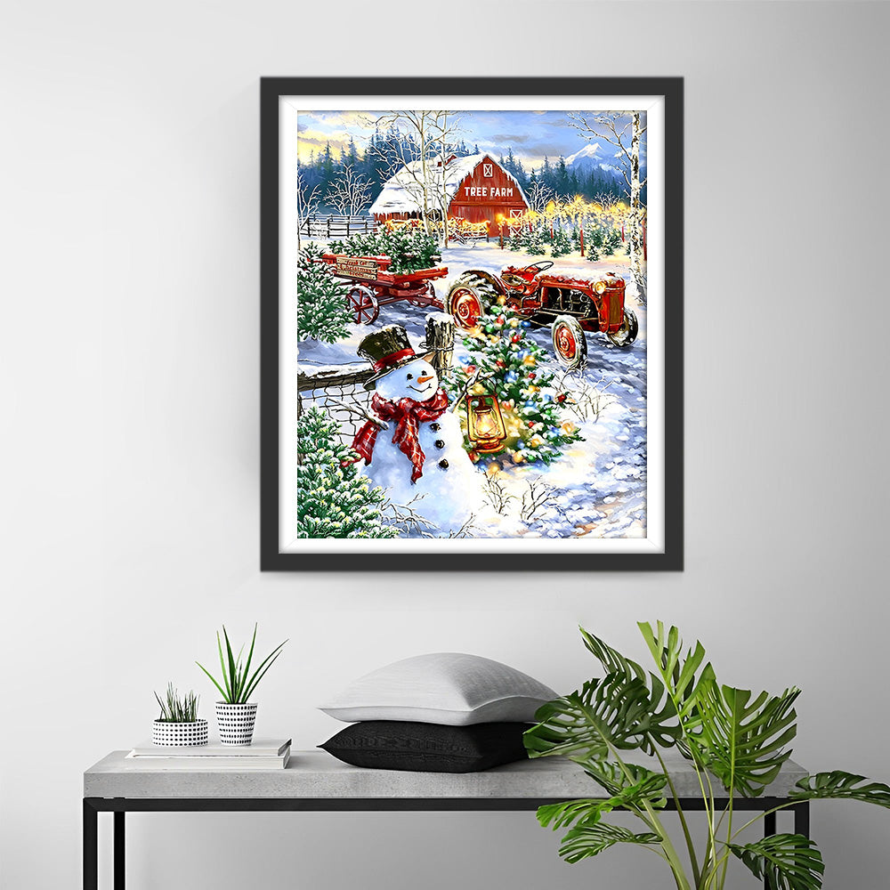 Schneemann und Traktor auf einer Baumfarm Diamond Painting