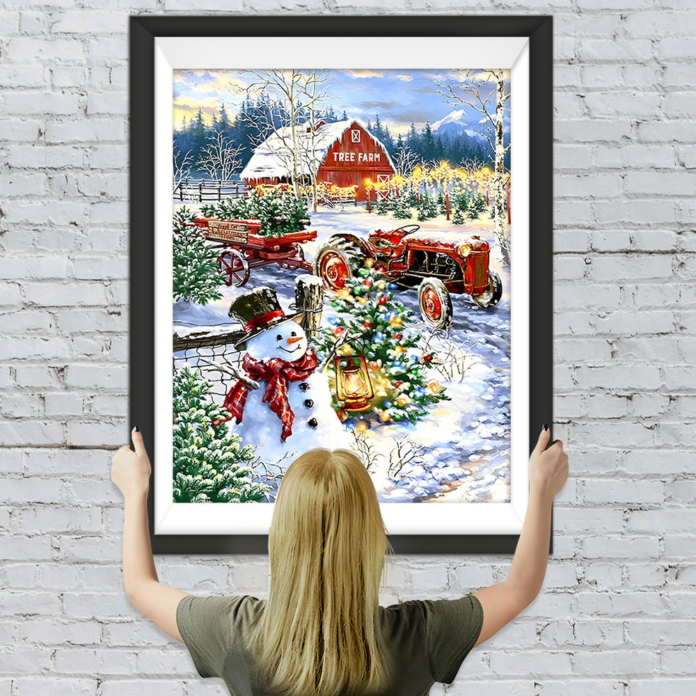 Schneemann und Traktor auf einer Baumfarm Diamond Painting