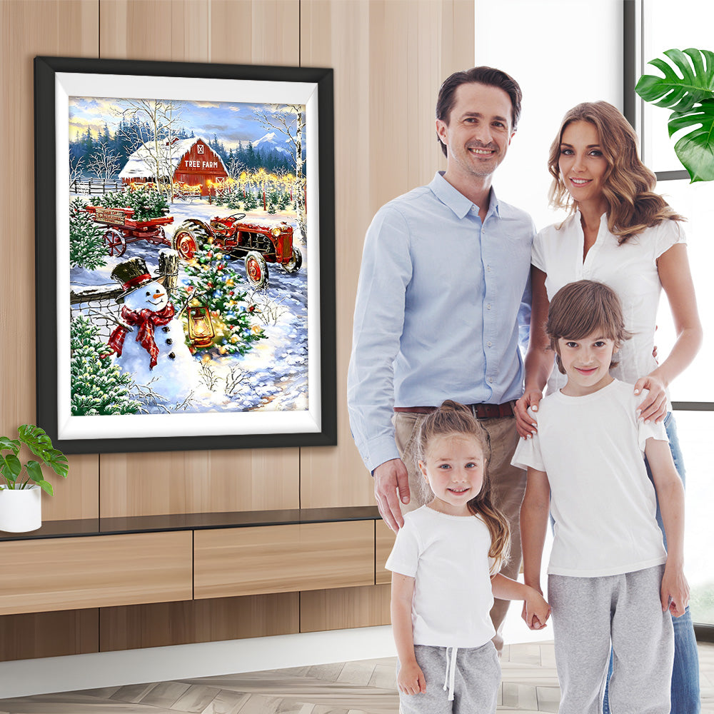 Schneemann und Traktor auf einer Baumfarm Diamond Painting